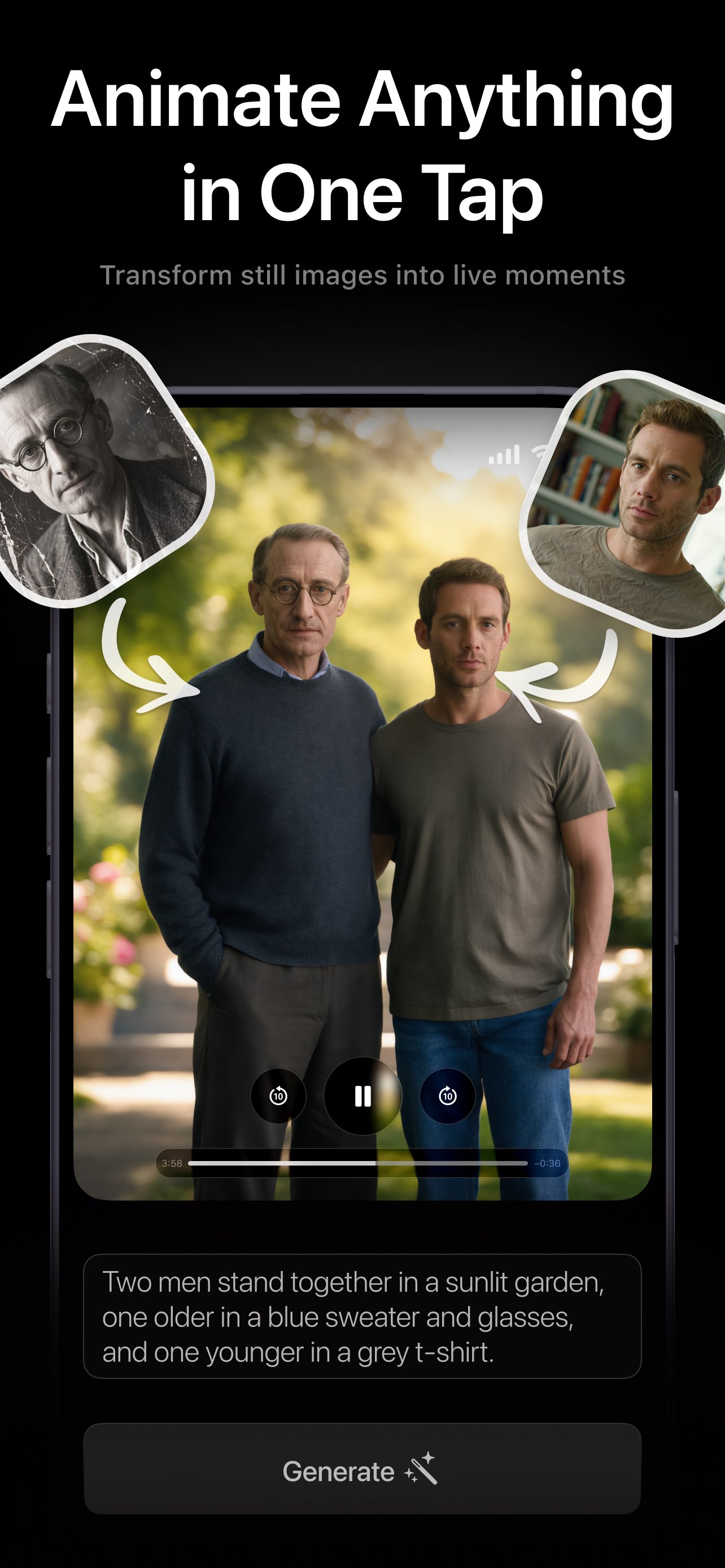 PicAlive animating two separate still photos into one lifelike video of an older man and a younger man standing together in a sunlit garden